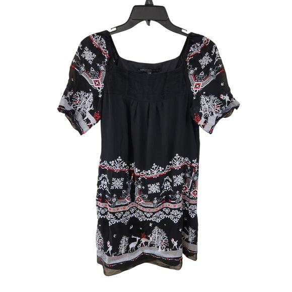 Marc By Marc Jacobs Silk Dress Sz 4 Embroidered Lined Reindeer Christmas Festive - Picture 1 of 9